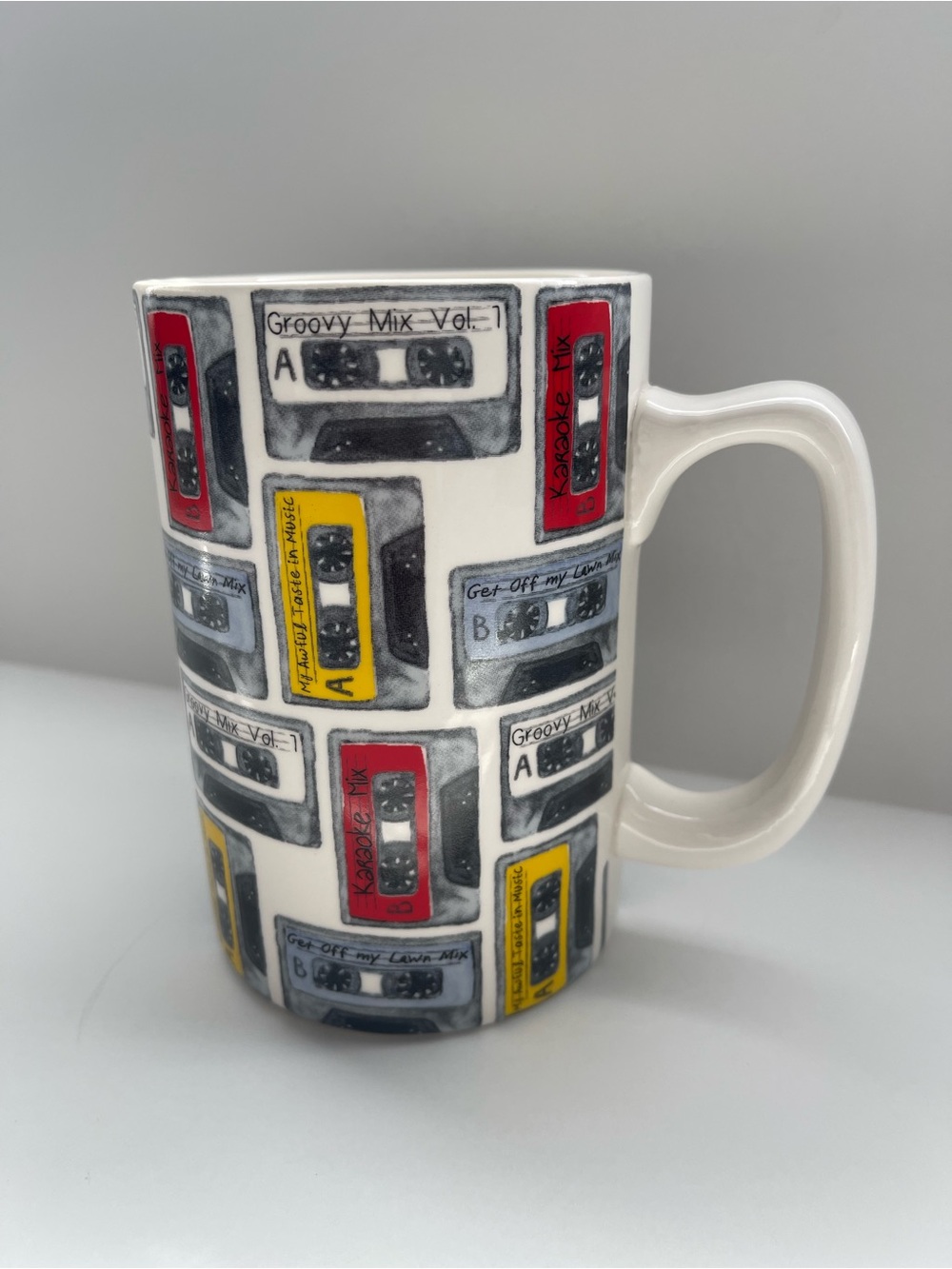 Retro Ceramic Audio Cassette Pattern Mug - White with Red, Yellow, Gray Accents